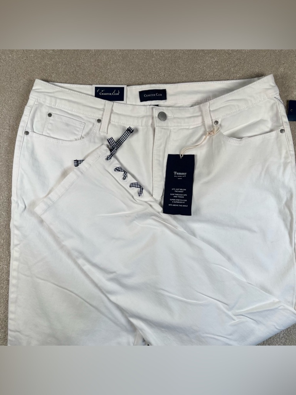 Charter Club Crop Pants White Tummy Slimming NWT Ribbon Ankle Detail Women's 16